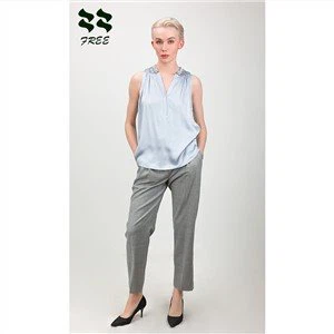 Womens Light Blue Silk Blouse with Pearl V Neck